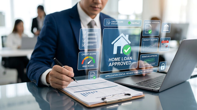 Businessman signing documents for home loan approval with digital interface showing high credit score property valuation and mortgage application status in modern office background