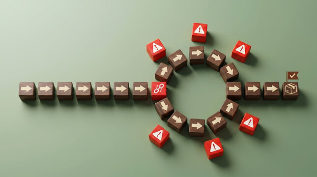 Supply chain logistics concept with wooden blocks showing broken link and red warning cubes representing global distribution risks disruption and delivery delays in process