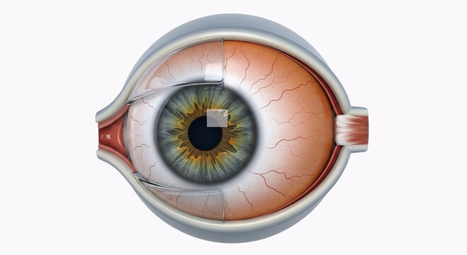 Anatomical illustration of a human eye with a small, square implant positioned over the iris, showcasing internal structures.