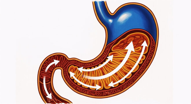 Illustration showing the churning and mixing action of the stomach walls on food.
