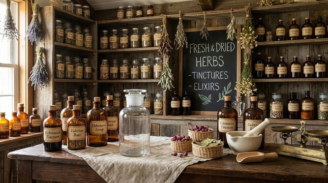 Charming apothecary stocked with jars of herbs and tinctures, evoking a sense of natural healing and tradition.