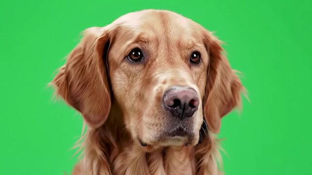 Close Up Portrait of a Golden Retriever Dog Against a Vibrant Green Screen Background Ideal for Motion Graphics and Digital Compositions