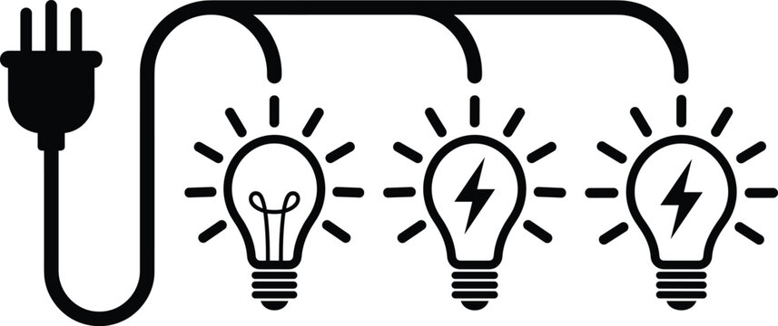 Electrical power plug connected to three glowing lightbulbs vector illustration for energy sharing and multiple ideas conceptElectrical power plug connected to three glowing lightbulbs vector