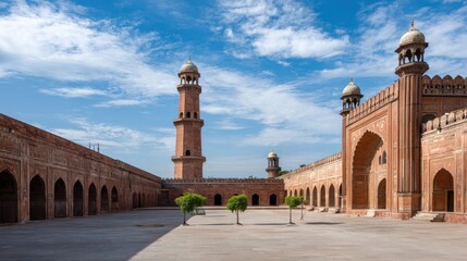 Fototapeta premium Majestic Historic Mosque with Tower and Courtyard Under Clear Blue Sky in Sunny Daylight