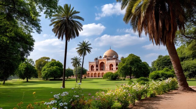 Scenic View of Humayun's Tomb Surrounded by Lush Greenery and Vibrant Palm Trees