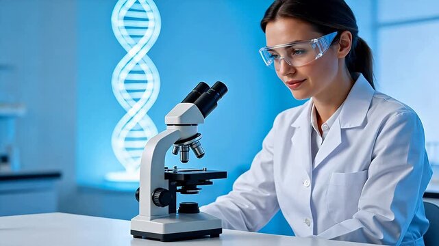 Woman in lab coat using microscope