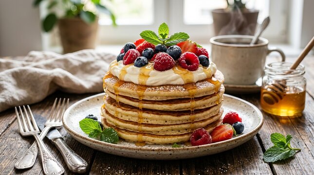 Delicious stack of fluffy pancakes topped with fresh berries, cream, and drizzled with honey.