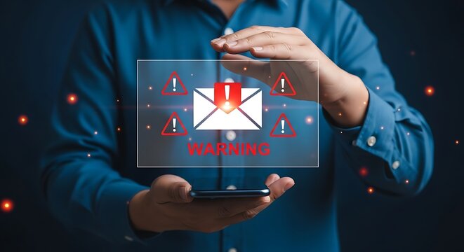 Person holding smartphone with warning sign on screen blue shirt email