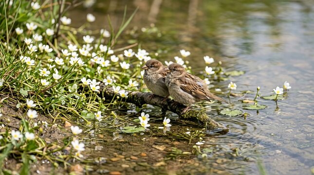Two sparrows perched on a branch by a tranquil stream surrounded by delicate white wildflowers.