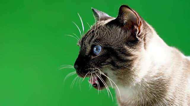 Close-Up Portrait of a Siamese Cat with Striking Blue Eyes and Whiskers Against a Vibrant Green Background