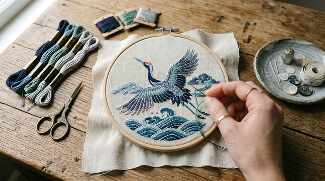 Hand stitching intricate Japanese crane embroidery on linen with silk thread and traditional tools like vintage scissors thimble and needle on rustic wooden craft table background