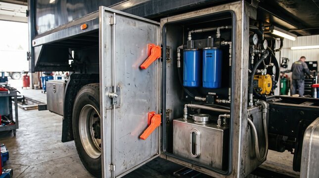 Medium shot capturing a quickservice engine lubrication module setup emphasizing easyaccess service panels with fastrelease oil filters and reservoirs.