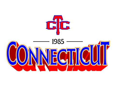 Vintage 1985 Connecticut collegiate style typography with CTC monogram logo on white background.