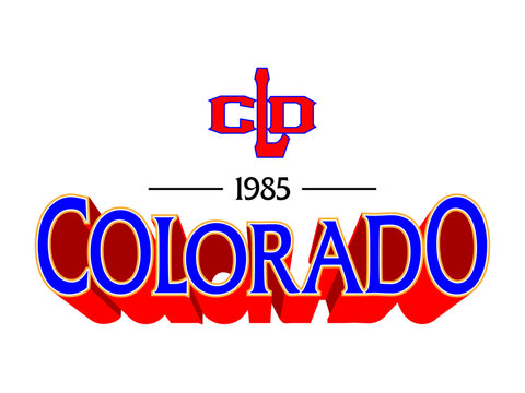 Vintage-style 3D Colorado typography design with '1985' and 'CLD' monogram, featuring a classic red, blue, and white varsity color palette on a clean white background.