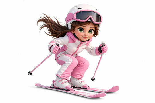 A young skier in a white‑and‑pink outfit speeds downhill, showing motion, balance, and energetic winter sports action against a clean white background.