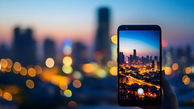 Smartphone capturing cityscape at dusk with blurred background