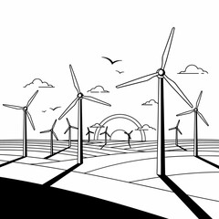 Naklejka premium Wind Turbine Field at Sunset - Black and White Line Art