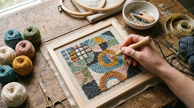 Hand using punch needle tool to create colorful abstract geometric rug hooking art on canvas with yarn balls scissors and embroidery hoops on rustic wooden workspace table background