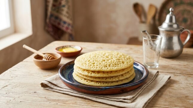 Stack of traditional Moroccan baghrir pancakes on a blue plate. Thousand hole crepes with honey and butter on a rustic wooden table. North African breakfast cuisine