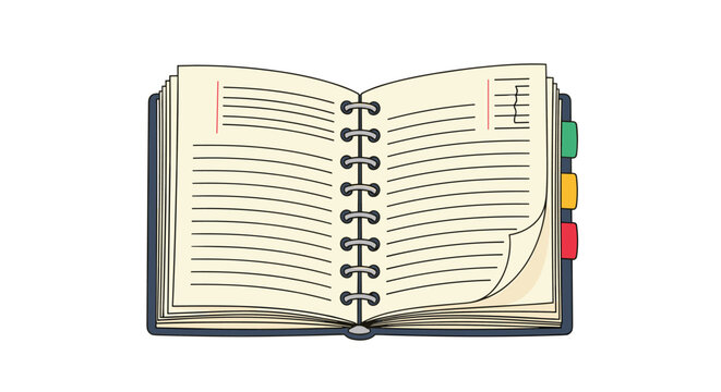 Open ring bound notebook with lined pages and colorful divider tabs on the right side against a white background.