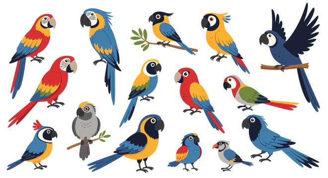 Diverse collection of colorful parrot species including macaws and parakeets in various poses on white background.