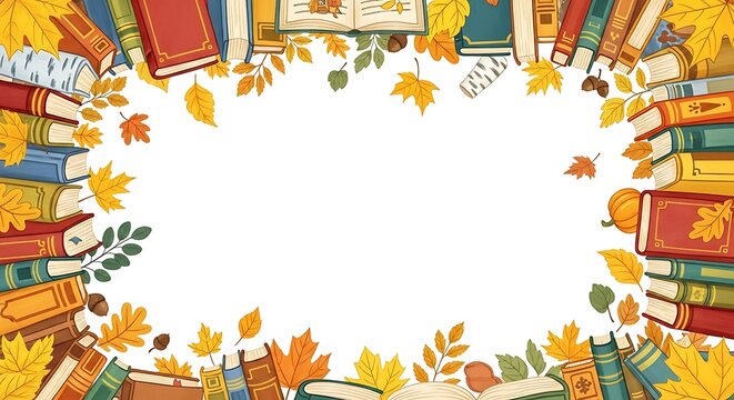 Autumnal book frame with fall leaves and copy space for education and design