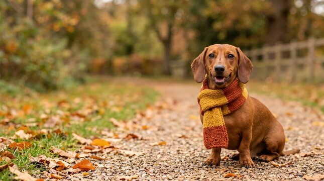 Brown Dachshund wearing a knitted striped scarf sitting on a gravel path. Purebred dog in an autumn park with fallen leaves