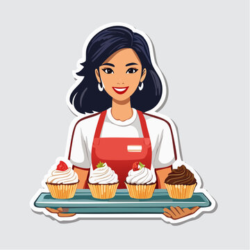 Baker Woman Holding Tray of Cupcakes