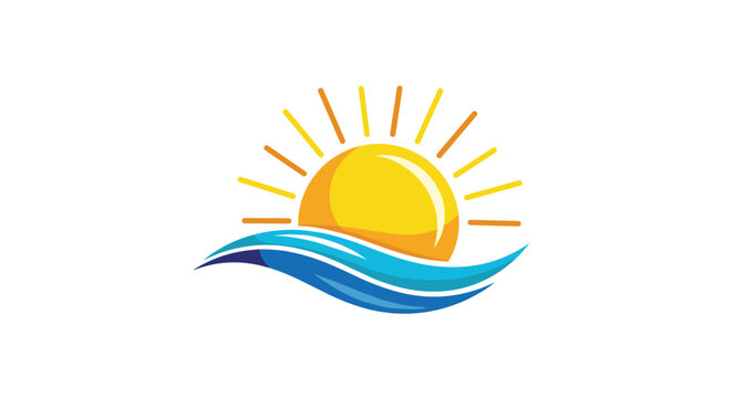 Bright yellow sun rising behind blue ocean waves symbolizing vacation, travel, and sunny beach destination vibes.