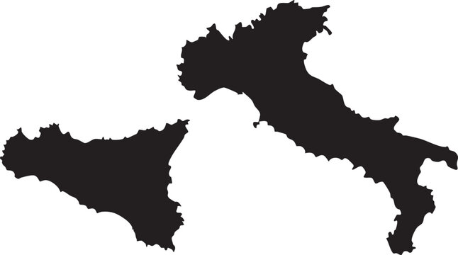 Black silhouette map of Italy and Sicily simple vector illustration for travel and geography concepts isolated on white background
