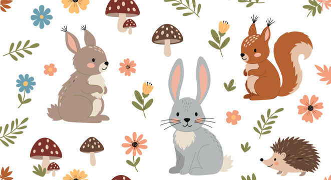 Cute seamless pattern of forest animals including rabbits, squirrels, and hedgehogs with mushrooms and flowers.