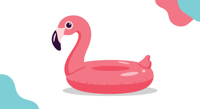 Vibrant pink flamingo inflatable pool float drifting on a white background with abstract blue and pink shapes for summer vibes.
