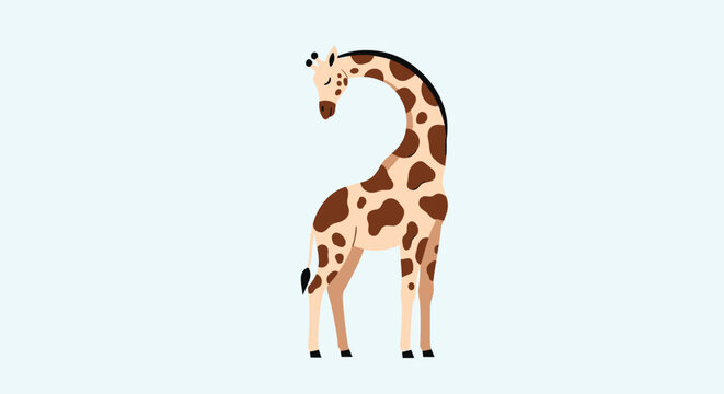 Simple illustration of a spotted giraffe standing with its long neck curved downwards against a light blue background.