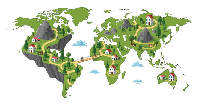 Stylized world map features small houses, paths, and pine trees connecting different regions in a charming illustrative landscape.
