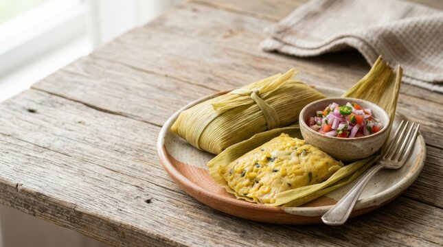 Traditional South American humitas served on a rustic plate. Steamed corn dough wrapped in husks with fresh tomato salsa. Copy space for text