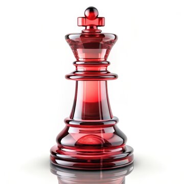 Red glass chess king piece standing on white plane.