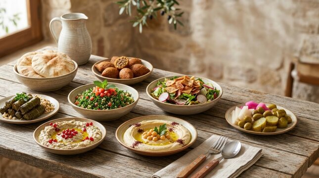 Traditional Lebanese mezze spread on a rustic wooden table. Hummus tabbouleh fattoush and kibbeh. Mediterranean national dish appetizers