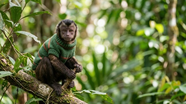 Capuchin monkey wearing a green knitted sweater sitting on a tree branch. Wild primate in a lush forest environment. Funny animal portrait with blurred foliage background