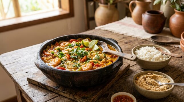Traditional Brazilian Moqueca fish and shrimp stew in a clay pot. National dish of Brazil served with rice and farofa on a rustic wooden table. Authentic seafood culinary concept