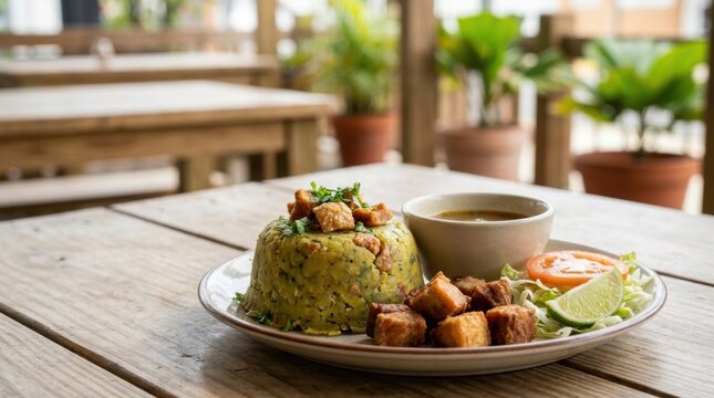 Traditional Puerto Rican Mofongo with mashed plantains and pork cracklings. Caribbean national dish served with broth and fried pork chunks. Authentic island cuisine on a wooden table