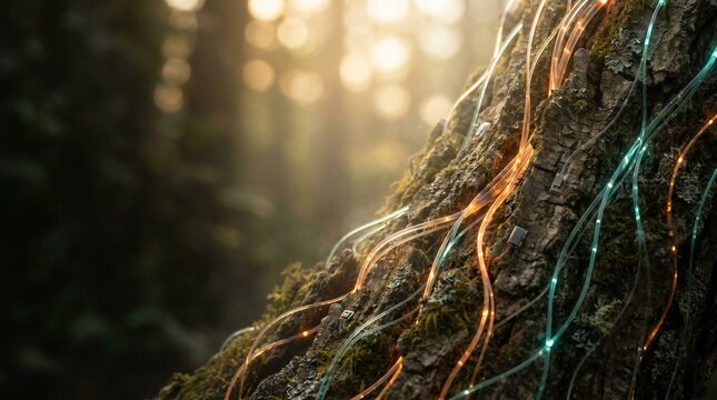 Glowing fiber optic cables wrapping around the textured bark of a rugged tree trunk in a magical forest during the golden hour