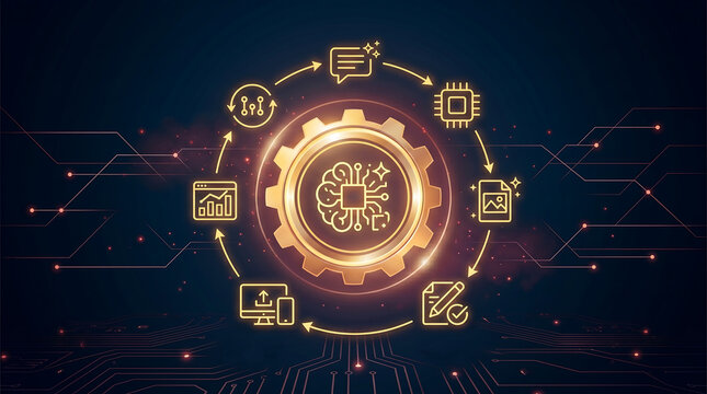 futuristic glowing gear with artificial intelligence brain chip icon surrounded by digital automation workflow symbols for content creation marketing and data processing