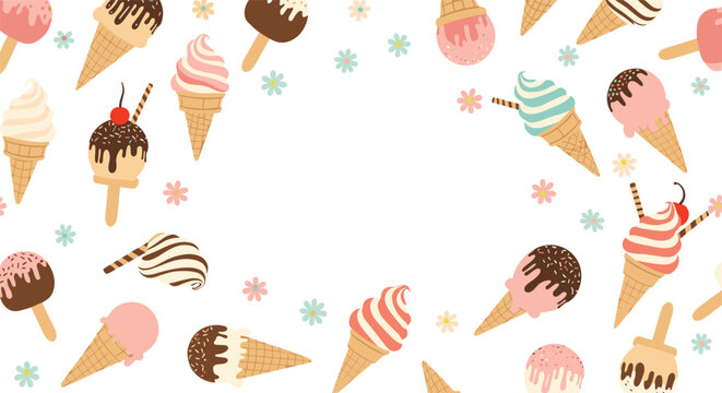 Colorful frame border made of various ice cream cones, popsicles, and flowers on a white background for sweet summer party invitations.