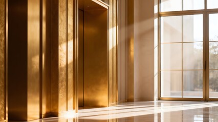 Obraz premium Luxurious interior with golden elevator and sunlight