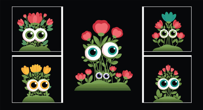 Creative collection of various colorful flowers growing from the green ground with giant expressive cartoon eyes.