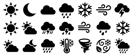 Fototapeta premium Large collection of black weather icons representing various meteorological conditions like sun, rain, snow, wind, and thunderstorms in a simple glyph style for forecast interfaces