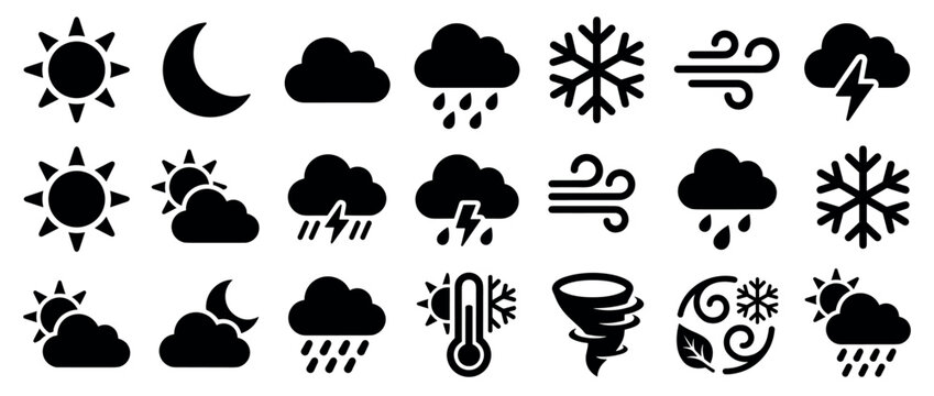 Large collection of black weather icons representing various meteorological conditions like sun, rain, snow, wind, and thunderstorms in a simple glyph style for forecast interfaces