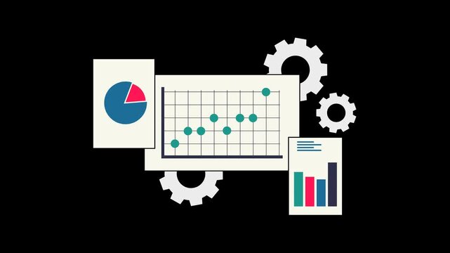 Seamless looping data visualization with moving bar charts, pie diagrams, scatter plots, and rotating gears. Multi-chart analytics motion graphic on a transparent alpha channel background