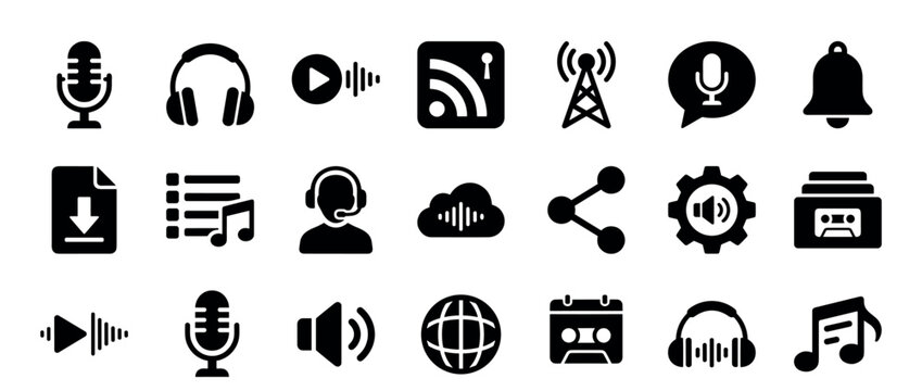 Set of black solid glyph icons for audio, music, and podcasting applications featuring microphone, headphones, and playlist symbols for modern user interface design