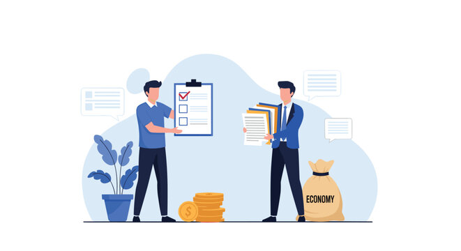 Two businessmen discussing a checklist while holding documents next to a large bag of money labeled economy, symbolizing financial planning.